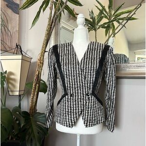 Vintage 80s 90s Black & White Houndstooth Silk Power Blouse Blazer